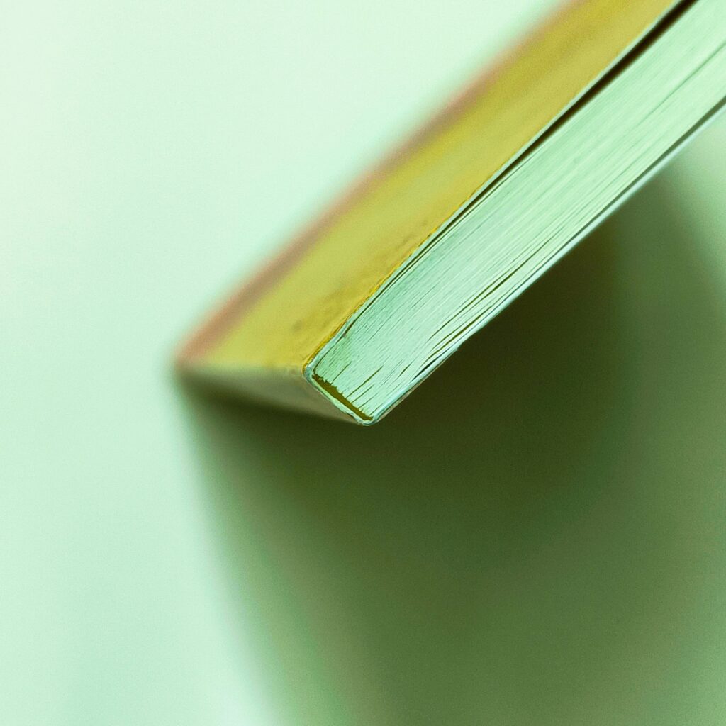 Detalhe lateral de livro com acabamento de encadernação profissional
